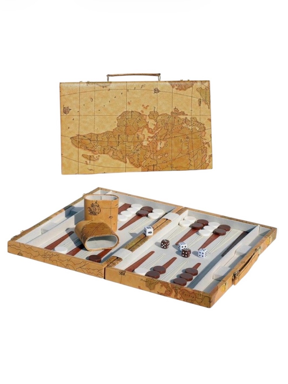 NWOT DaVinci Faux Leather Backgammon Set w Old World Style Map Case